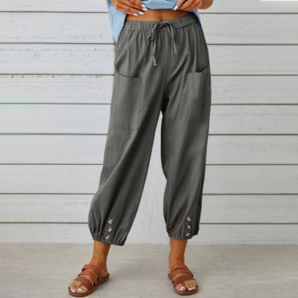 Women Drawstring Tie Pants Spring Summer Cotton And Linen Trousers With Pockets